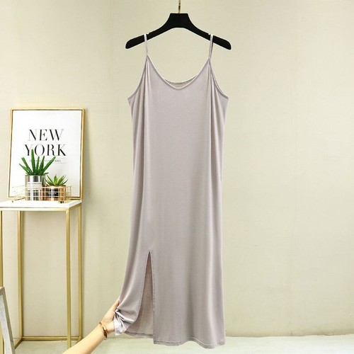 Modal V-Neck Women Nightdress Summer Sleeveless Dress with Slit Hem Lounge Wear - Picture 12 of 22