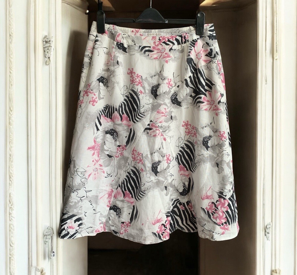 Vintage 90s White Pink Linen A Line Skirt Eugen Klein Floral Size 44 18