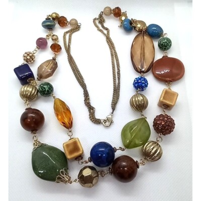 Chunky Multi Gemstone Beads Mixed Texture Two Strand Gold Tone Necklace 34''