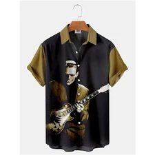 Men's Frankenstein Guitar Shirt | Retro Rock Horror Music Graphic Button-Up