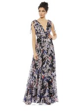Mac Duggal NWT Sz 4 Black Floral Tie Shoulder Chiffon VNeck Maxi Dress Gown Gala