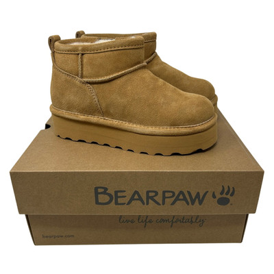 Bearpaw Retro Shorty Youth Faux Fur Platform Tan Boots Chestnut NEW Size 2 