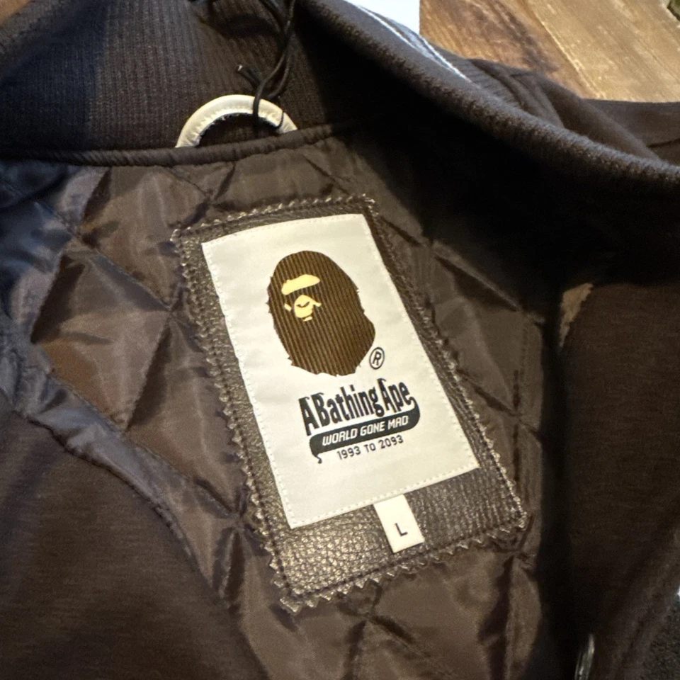 BAPE Varsity Jacket Leather Sleeves SZ LRG Brown & White Letterman A Bathing Ape - Image 4 of 4