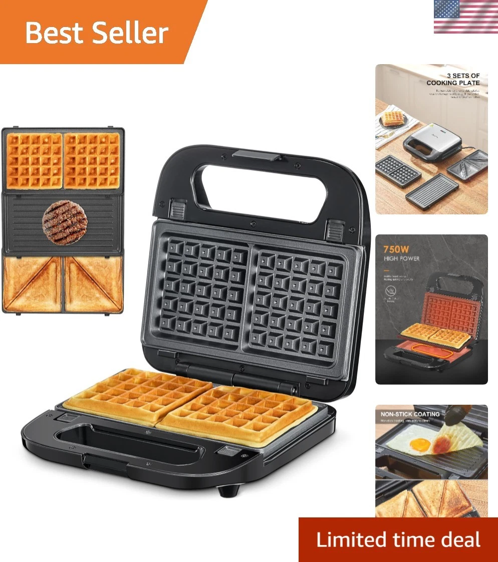 3-in-1 Waffle, Grill & Sandwich Maker, Panini Press Grill and Waffle Iron Set...