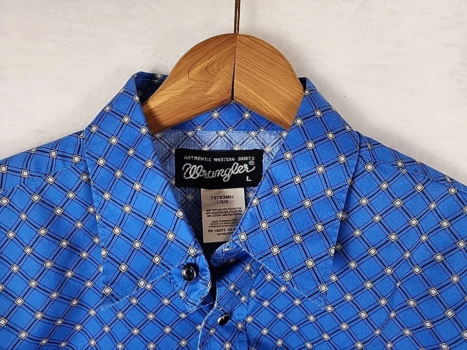 Wrangler Western Shirt Men's Long Sleeve Sz L Pearl Snap Jr Blue White Geometric - Image 4 of 4