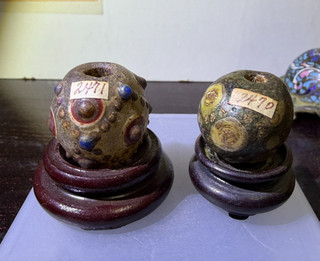 Two Rare Antique/ Vtg. Chinese Large Glass Beads w/ Wood Base