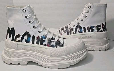 Size 42 (9) Alexander McQueen Men's Leather Boots Graffiti Black White Shoes