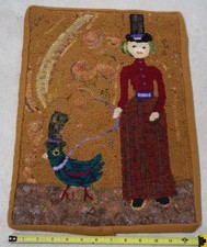 Hand Hooked Wool Rug Victorian Woman Bird Folk Art GV Ayres Signed Whimsy A3
