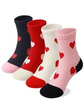 Kids Girls Pink White Crew Athletic Socks Retro Stripes Hearts Cotton Sport