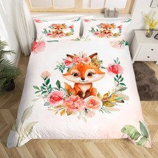 Cute Fox Duvet Cover Set Queen Size, Watercolor Pink Flower Comforter Cover w...