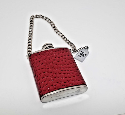 Vintage 3 oz Stainless Steel Flask Red Leather Wrap ''Drink Me'' Tag with Chain