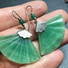 B3890 Sterling Silver Dangle Earrings Carved Green Aventurine Jade Fan Shape