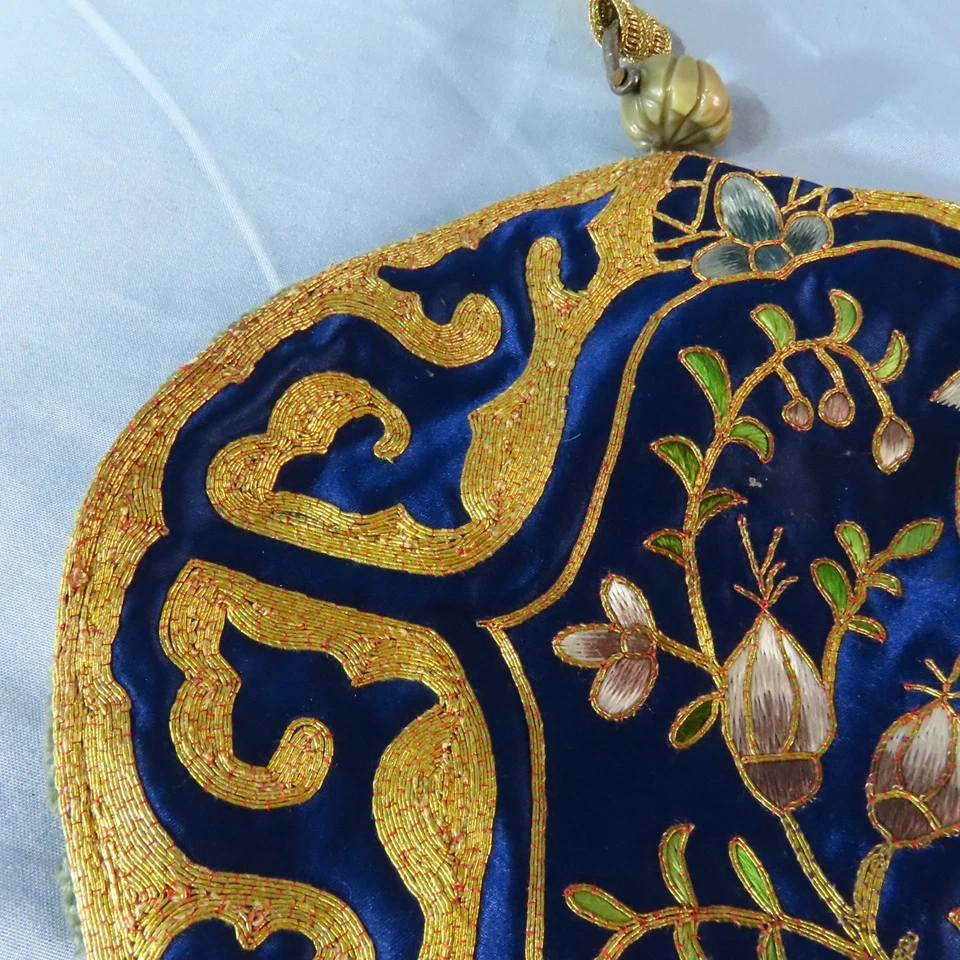 Bolso de Mano Bolso BORDADO HILO DORADO CHINO VINTAGE PÁJARO AZUL VERDE FLORES Foto 4 de 4