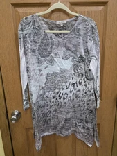 Jess & Jane Tunic Shirt Womens XL Gray Paisley Animal Print Made USA Boho Top