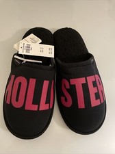 Hollister Men's Faux Fur Lined Logo Slippers Slide Sandals  Black Small 8-9 New