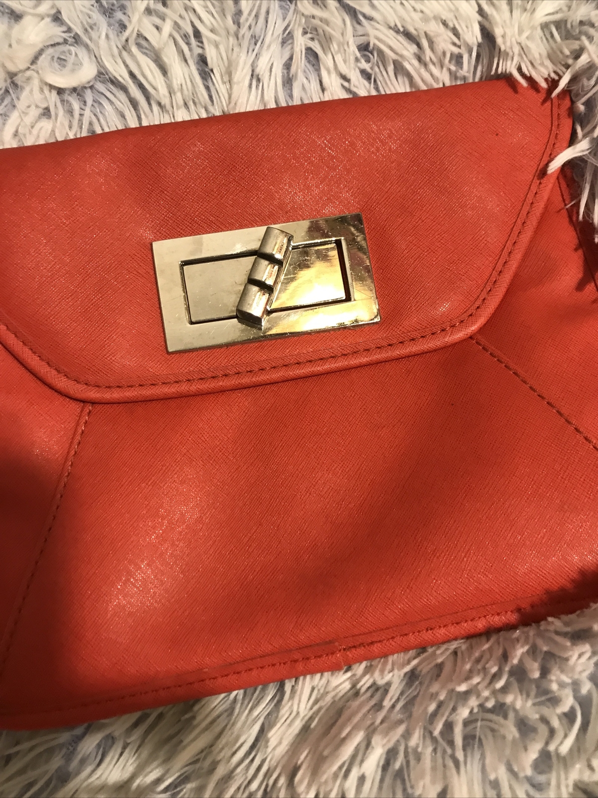 Orange Faux Leather Small Envelope Purse Handbag Tote Detailed Euc