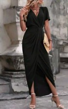 SHEIN LUNE Solid Wrap Hem Midi Dress Black Medium