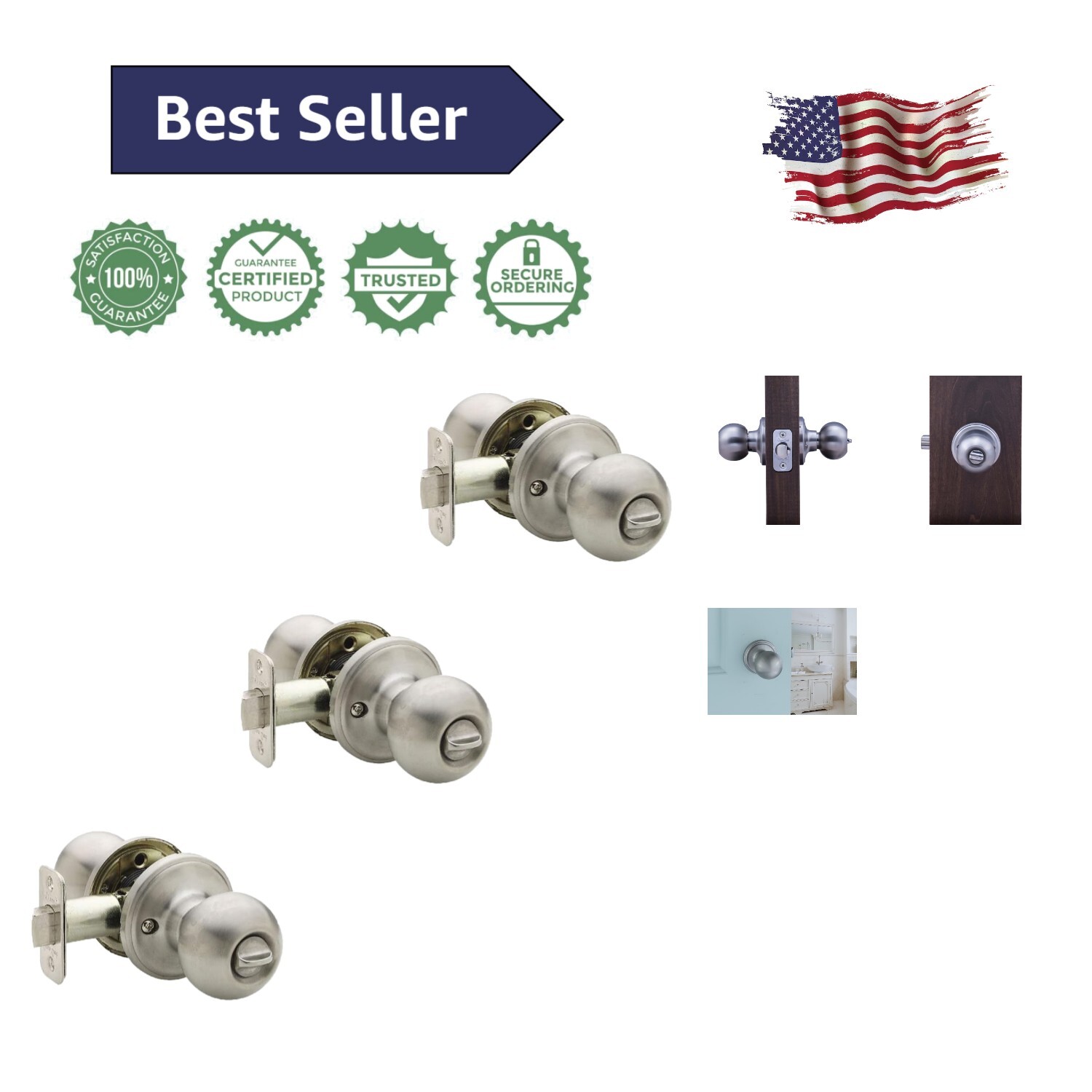 Contemporary Privacy Door Knob 3-Pack with Easy Installation - Rich Satin Finish-image