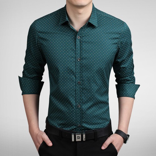 Camicie eleganti uomo maniche lunghe lusso casual senza ferro slim camicie a pois top - Foto 2 di 17