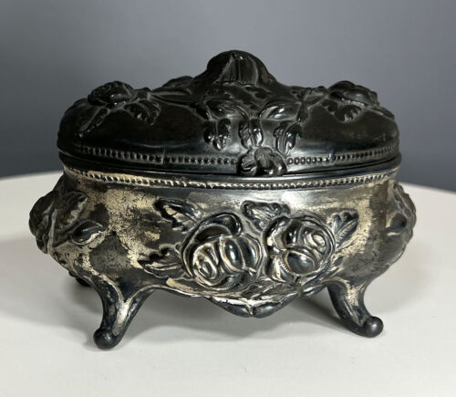 Antike viktorianische TRINKET/SCHMUCKBOX - Rogers Silberteller - klappbar mit rosa Futter - Bild 3 von 9