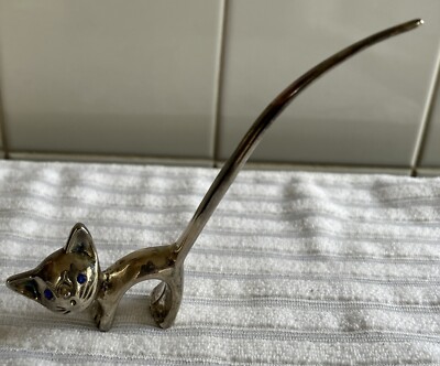 Katze Langschwanz Ring Halter Silberfarben Metall Gebeugt Rücken Blau Reinstein Augen