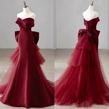 Burgundy Mermaid Evening Dresses Off Shoulder Detachable Train Satin Party Gowns