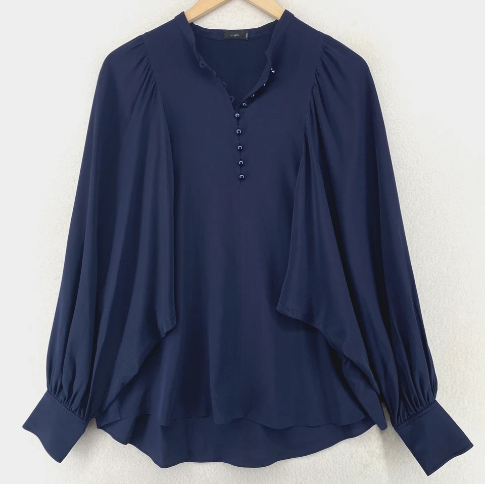 Blusa JOSEPH Top Mujer 40 S Seda Gran Tamaño Mandarín Popover Manga Globo Azul Foto 2 de 4
