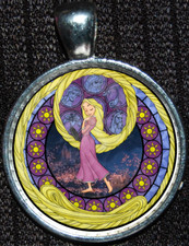 Disney Princess Rapunzel Tangled Tower Silver Stained Glass Pendant Necklace