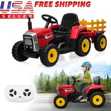 12V Kids Ride On Tractor Car with Trailer Electric Vehicle Toy w/ RC LED MP3 Red