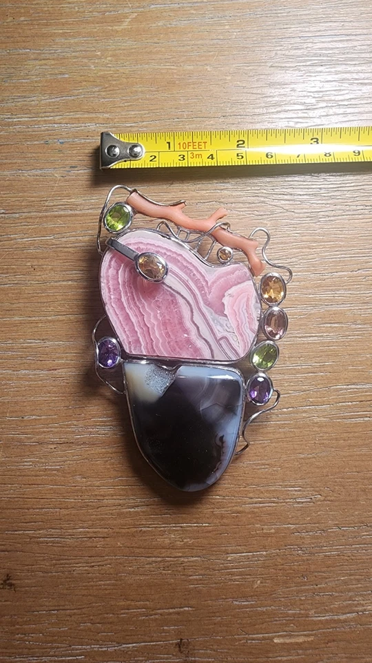 Colgante artesanal gigante de plata de ley - rodocrosita, coral, amatista, peridoto... Foto 3 de 4