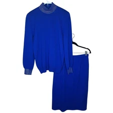 St. John Separates Knit Skirt Set Size 8 Royal Blue Rhinestone Collar USA MADE