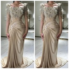 Elegant Champagne Crystals Beads Long Sleeves Pleated Mermaid Evening Dresses