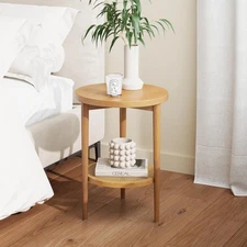 Sonia Boho Round Accent End Table, Natural Sofa Side Table in Light Wood with...