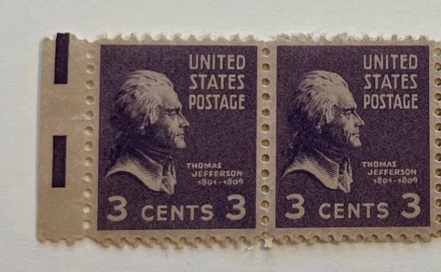 1938 3c Violet/Purple Jefferson Strip of Stamps #807, MNH OG perf 11 - Image 2 of 4