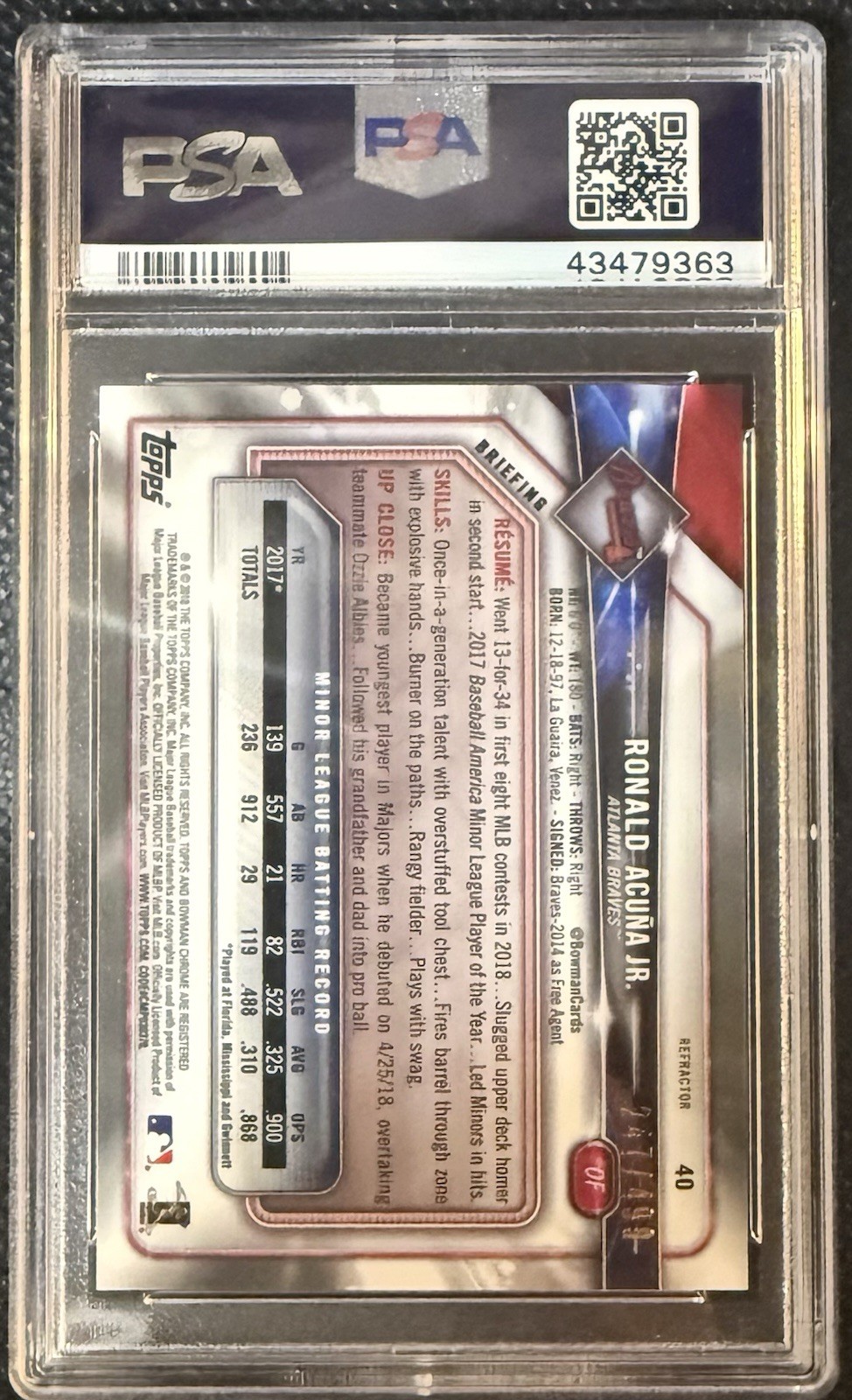 Ronald Acuna Jr. 2018 Bowman Chrome Refractor /499 #40 RC Rookie PSA 9 Braves view 2