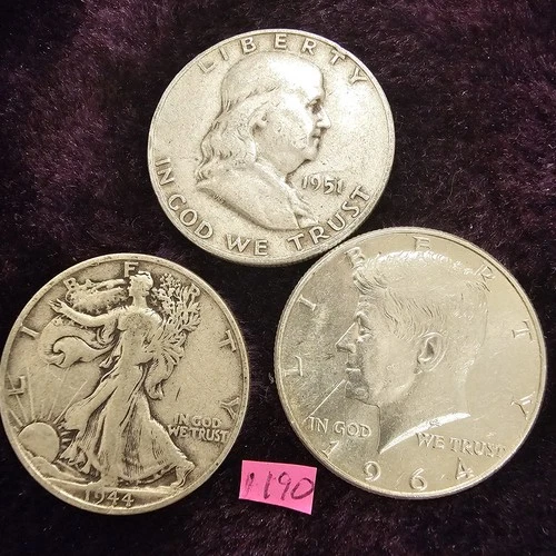 LOT of 3 🇺🇲🔥G-AU🔥1944-S Walking Liberty 1951 1964-D Silver Half Dollars 1190