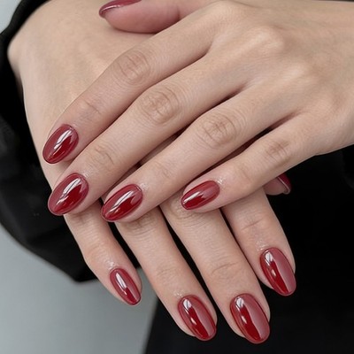 Chic And Simple Short Oval False Nail 32Pcs Electroplated Red Artificial Nail