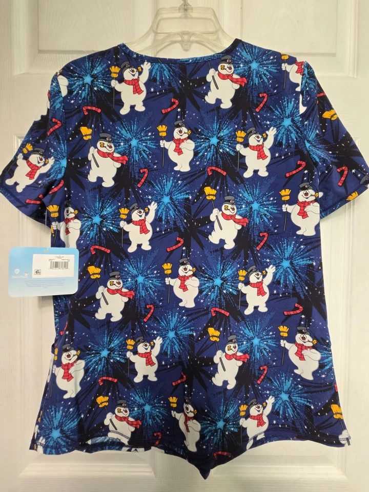 NWT-Frosty the Snowman Scrub Top size S-Navy CHRISTMAS-Chest 20.5"/L 27" - Image 2 of 4