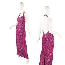 Vintage Y2K 90s Scala Silk Formal Wedding Halter Pink Beaded Dress Size Small