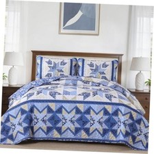Patchwork Quilts Size  Reversible Floral Quilt Bedding Set,Vintage Queen Blue