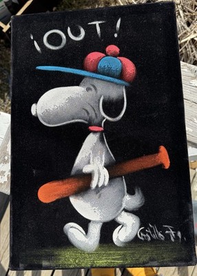 Vintage Peanuts Snoopy Black Velvet Painting Baseball Theme 17 x11  OUT!