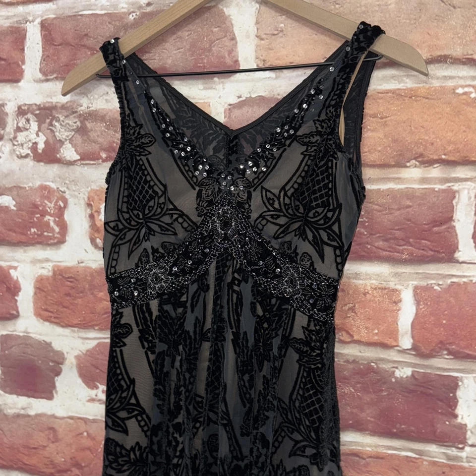 Vintage ECI New York Dress Womens 4 Black Boho Floral Velvet Burnout Beaded - Image 4 of 4