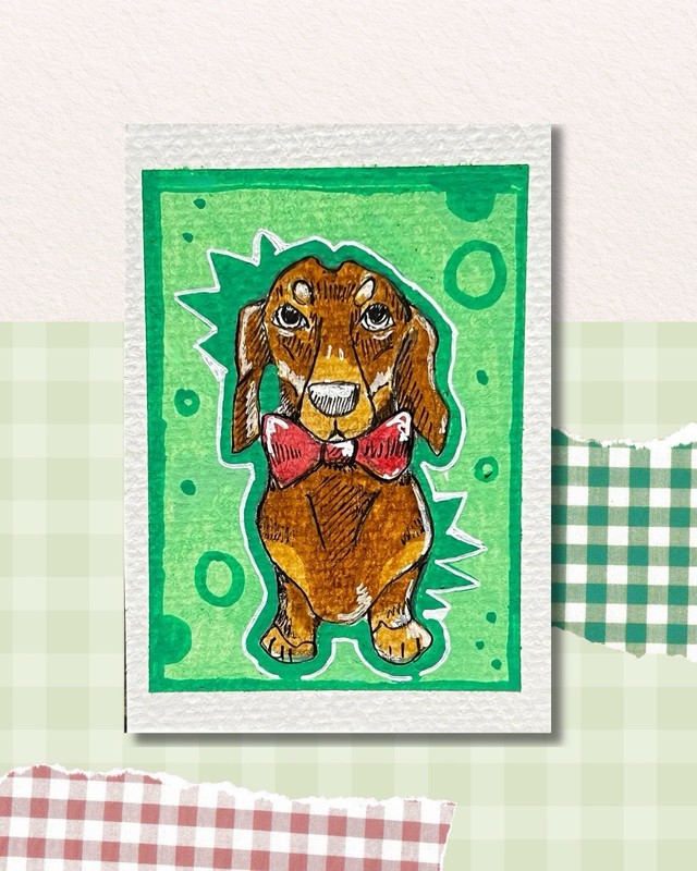 ACEO Art Card, Dachshund Dog Illustration Painting on Paper, FREE SHIPPING