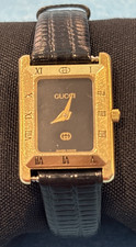 Gucci 4200L Vintage Gold Plated Dial Womens Quartz Tank Watch w Leather Band