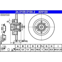 Bremsscheibe ATE 24.0109-0100.2 (2 Stk.) FüR CitroëN Peugeot DS Opel Ds3 208 I