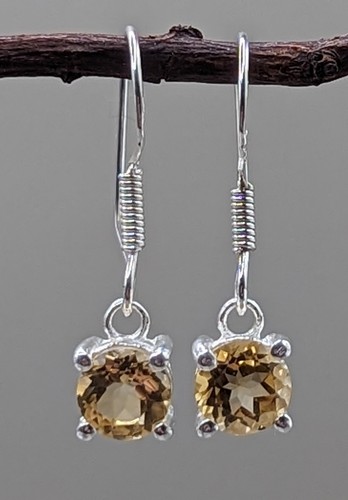New 925 Sterling Silver Natural Round Cut Citrine Gemstone Drop Earrings - Picture 1 of 4