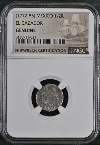 1772-1783 Mexico 1/2 Real El Cazador Silver Shipwreck Coin NGC Graded #031