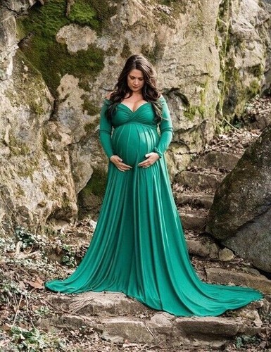 Long Tail Maternity Dresses Photography Props V-Neck Maxi Gown Cotton Pregnant