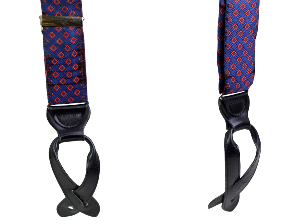 Suspensórios Trafalgar AZUL VERMELHO 100% SEDA PRETO COURO REAL BOTÃO EM Y-BACK (82t - Imagem 4 de 4