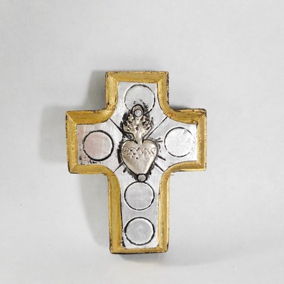 Sacred Heart Tin Milagro Wood Cross Hand Painted Handmade Mexican Folk Art